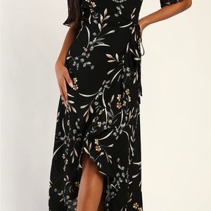 Wild Winds Black Floral Print High-Low Wrap Dress